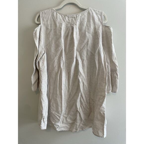 John Mark Size L Beige 100% Linen Cold Shoulder Top Blouse 3/4 Sleeve - Picture 2 of 6